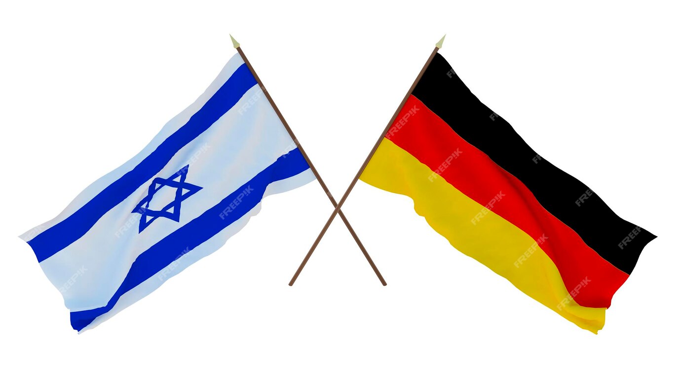 Bandeiras de Israel e da Alemanha lado a lado, representando a aprovação dos novos exportes de armas para Israel.