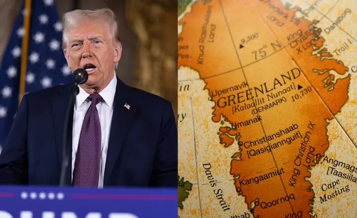 Donald Trump ao lado de um mapa da Groenlândia, representando a negociação diplomática entre os EUA e a Dinamarca sobre o território.