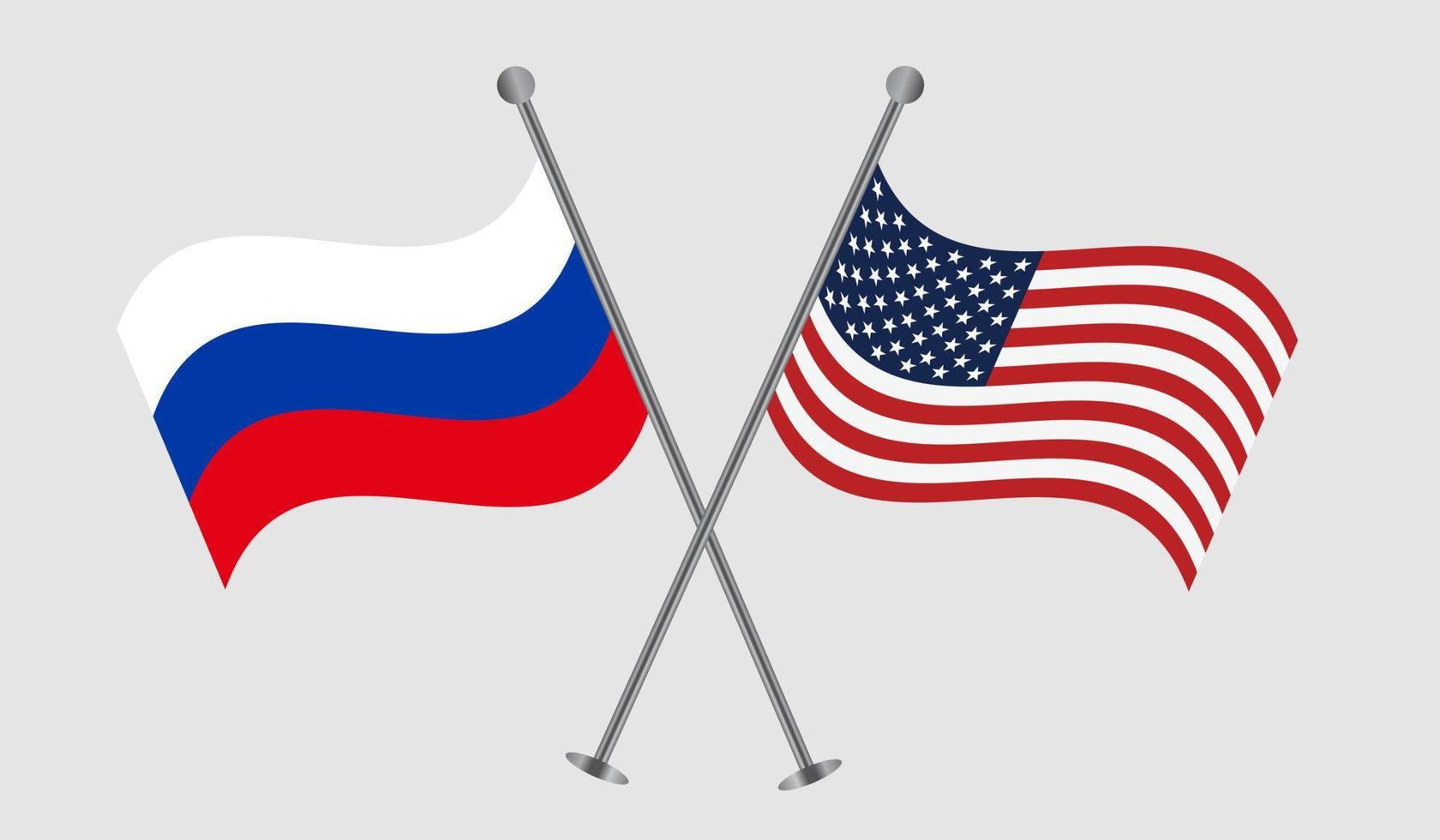Bandeiras dos EUA e da Rússia com uma linha divisória simbolizando as tensões e sanções econômicas entre os dois países.