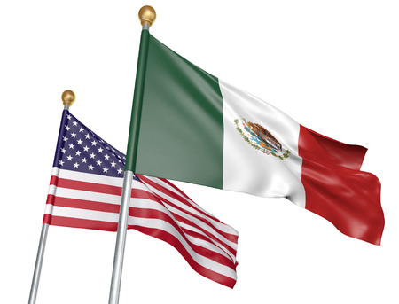 Imagem mostrando as bandeiras dos Estados Unidos e do México lado a lado, representando a relação diplomática e as tensões políticas entre os dois países.