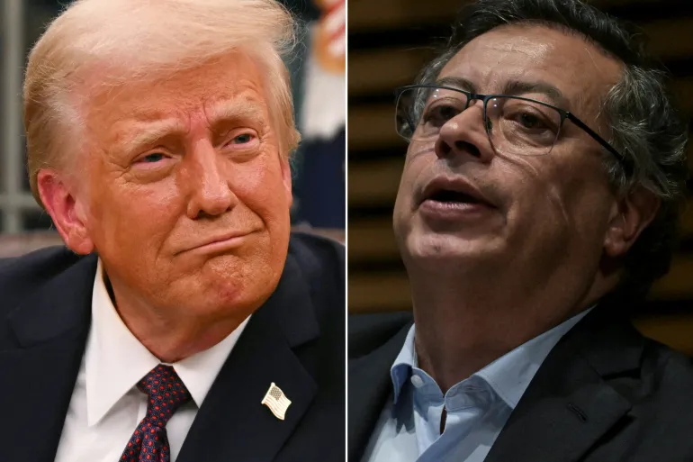 O presidente dos EUA, Donald Trump, na Casa Branca em Washington, DC, em 20 de janeiro de 2025, e o presidente colombiano, Gustavo Petro, na Cidade do México em 30 de setembro de 2024 [Jim Watson e Yuri Cortez/ AFP].