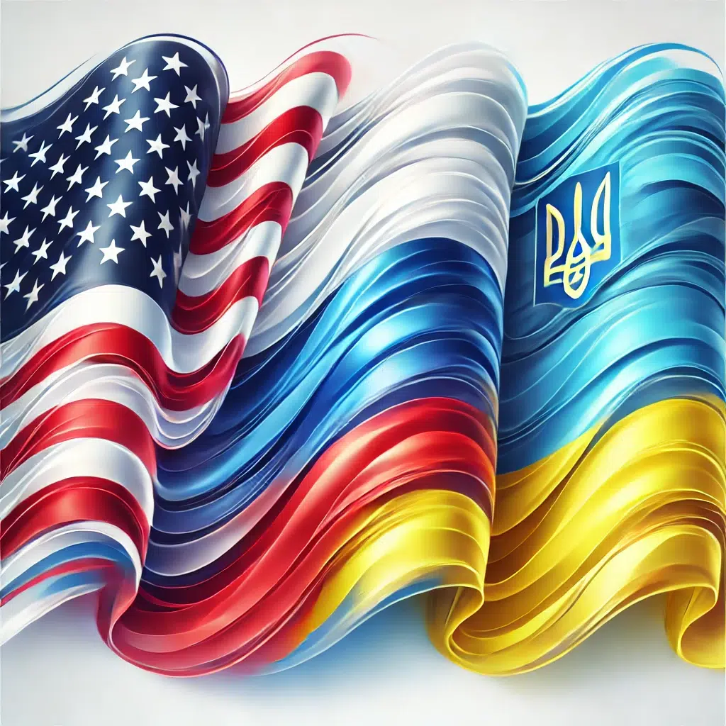 Bandeiras dos Estados Unidos, Rússia e Ucrânia lado a lado, representando relações internacionais e negociações diplomáticas.