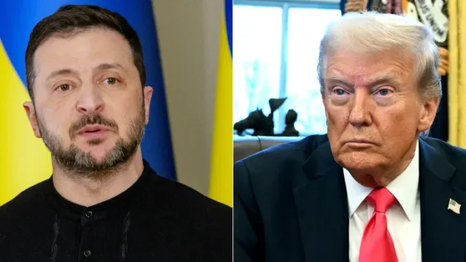 Presidente da Ucrânia, Volodymyr Zelenskyy, em 12 de fevereiro de 2025, e presidente dos EUA, Donald Trump, em 25 de fevereiro de 2025 [Tetiana Dzhafarova e Jim Watson/AFP]Fonte: Al Jazeera