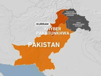 Mapa mostrando a província de Khyber Pakhtunkhwa, no Paquistão, destacando o distrito de Kurram e a região da Caxemira.