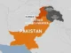 Mapa mostrando a província de Khyber Pakhtunkhwa, no Paquistão, destacando o distrito de Kurram e a região da Caxemira.