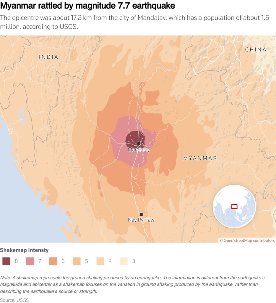 O mapa gráfico mostra a intensidade do tremor sísmico na região próxima a Mandalay. Fonte: Reuters
