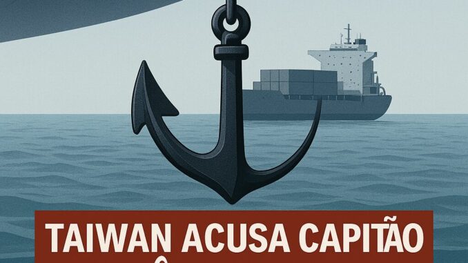 6e98886e-f88c-433e-ab2a-0c54e3cf23ca Âncora de navio em destaque sobre o mar, com cargueiro ao fundo. Texto: 'Taiwan acusa capitão chinês por dano a cabo submarino
