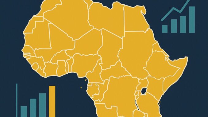 Imagem 11 de abr. de 2025, 11_06_45 Infográfico digital com mapa da África e ícones econômicos representando crescimento, comércio e desenvolvimento regional.