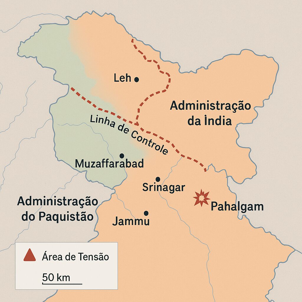 Mapa ilustrativo da Caxemira com divisões administrativa, cidades principais e áreas de tensão