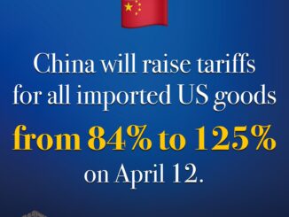 Imagem informativa com bandeira da China anunciando aumento de tarifas sobre produtos dos EUA de 84% para 125% a partir de 12 de abril.