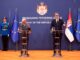 Antonio Costa e Aleksandar Vučić durante a coletiva de imprensa em Belgrado, Sérvia, 13 de maio de 2025.