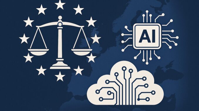4aba357d-97d9-4358-885a-eea520603ca8 Governança da inteligência artificial na União Europeia representada por balança da justiça, chip de IA e nuvem digital sobre mapa da Europa.