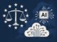 Governança da inteligência artificial na União Europeia representada por balança da justiça, chip de IA e nuvem digital sobre mapa da Europa.