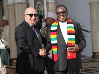 Presidentes Abdelmadjid Tebboune (Argélia) e Emmerson Mnangagwa (Zimbábue) apertando as mãos durante visita oficial em Argel.