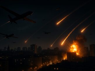 Drones e mísseis russos atacam Kiev à noite, com explosões iluminando a cidade.