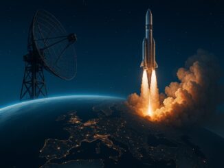 Imagem noturna da Terra vista do espaço, mostrando a Europa iluminada com luzes das cidades. Um foguete está sendo lançado da superfície da Terra, com chamas e fumaça saindo de seus motores. À esquerda, há uma grande antena parabólica apontada para o espaço, com estrelas visíveis no céu.