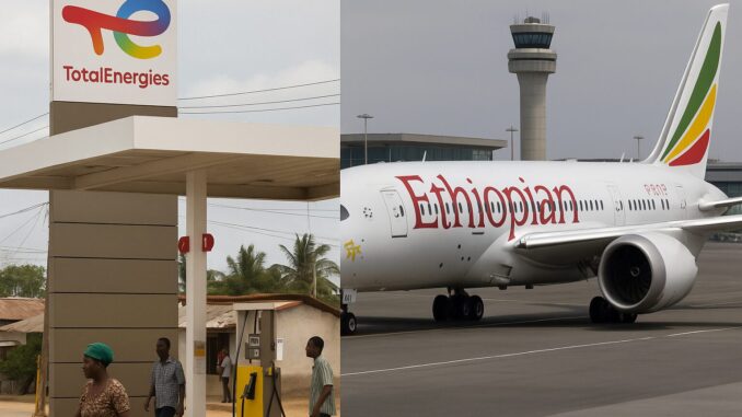 ChatGPT Image 11 de jul. de 2025, 14_55_32 Posto de combustível da TotalEnergies em Moçambique e avião da Ethiopian Airlines no aeroporto com torre de controle ao fundo.