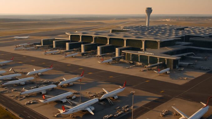 Vista aérea do aeroporto de Istambul ao entardecer, mostrando vários aviões estacionados nos portões, com a torre de controle ao fundo.