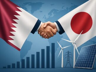 Duas mãos apertando-se, representando cooperação, com as bandeiras do Catar e do Japão ao redor, e gráficos de crescimento econômico, além de turbinas eólicas e painéis solares simbolizando energias renováveis.