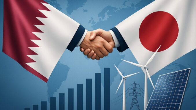 Investimentos do Catar no Japão: Fortalecendo Laços e Expandindo Parcerias Sustentáveis Duas mãos apertando-se, representando cooperação, com as bandeiras do Catar e do Japão ao redor, e gráficos de crescimento econômico, além de turbinas eólicas e painéis solares simbolizando energias renováveis.