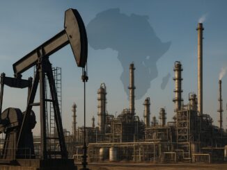 Imagem de uma refinaria de petróleo com várias torres industriais e uma bomba de petróleo em primeiro plano, com um contorno do mapa da África ao fundo.