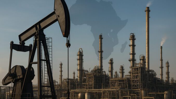 Fortalecimento do Setor de Refino de Petróleo na África Ocidental: Implicações para o Crescimento Econômico Regional Imagem de uma refinaria de petróleo com várias torres industriais e uma bomba de petróleo em primeiro plano, com um contorno do mapa da África ao fundo.