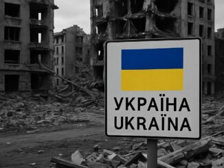 Sinalização com a bandeira da Ucrânia e a palavra "Україна / Ukraina" em destaque, em frente a prédios destruídos e em ruínas, sob um céu nublado e cinza, simbolizando um cenário de guerra e devastação.