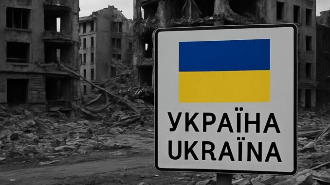 Conflito Rússia-Ucrânia em 2025: Análise do Cenário Militar e Geopolítico Atual Sinalização com a bandeira da Ucrânia e a palavra "Україна / Ukraina" em destaque, em frente a prédios destruídos e em ruínas, sob um céu nublado e cinza, simbolizando um cenário de guerra e devastação.