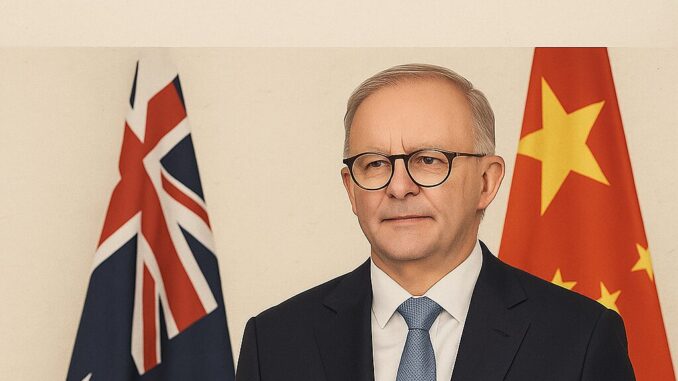 Visita do Primeiro-Ministro Australiano Anthony Albanese à China: Fortalecendo Laços Econômicos e Enfrentando Desafios Geopolíticos Primeiro-Ministro australiano Anthony Albanese em pé, vestindo terno escuro, gravata azul e óculos, com as bandeiras da Austrália e da China ao fundo.