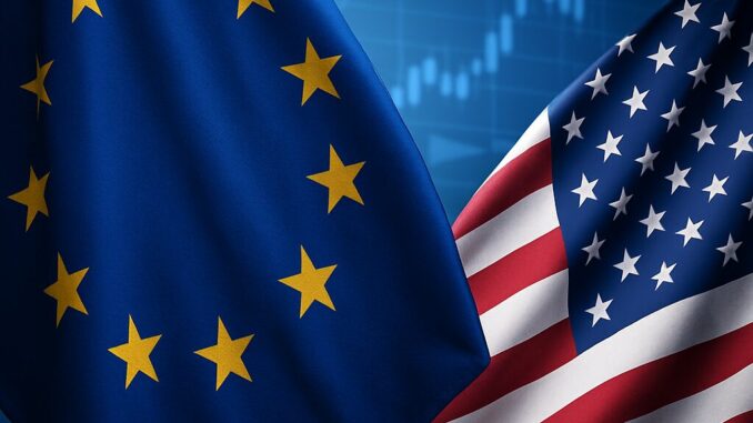 União Europeia adia contramedidas contra tarifas dos EUA, mas prepara retaliação de €93 bilhões Bandeiras da União Europeia e dos Estados Unidos lado a lado, com gráficos financeiros desfocados ao fundo.