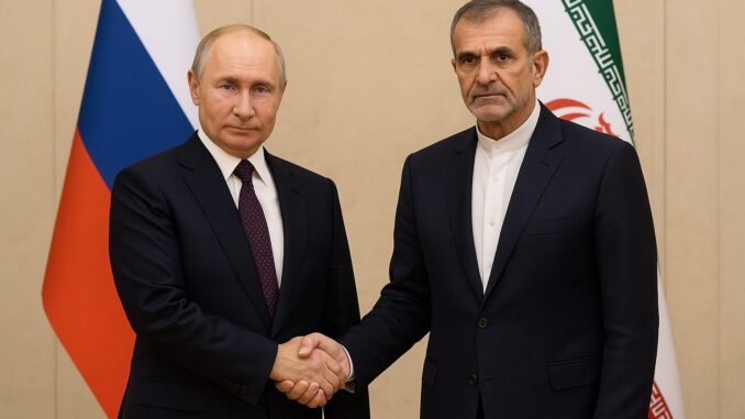 Rússia e Irã Firmam Aliança Estratégica: Novos Rumos Geopolíticos e Econômicos Globais Dois líderes políticos apertando as mãos, com as bandeiras da Rússia e do Irã ao fundo.