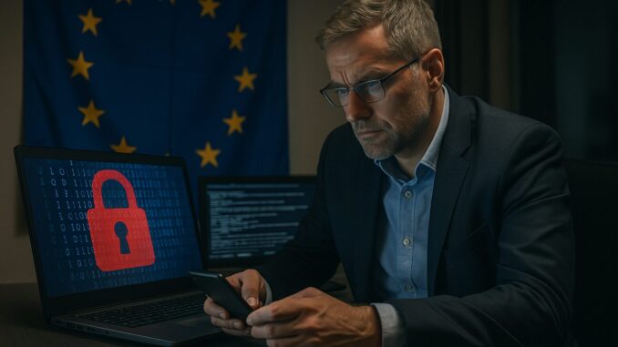 Cresce a Ameaça Cibernética na Europa: Riscos e Conflitos Geopolíticos Capa do artigo sobre cibersegurança na Europa, mostrando um cadeado digital sobre um mapa europeu com tons azuis e efeitos tecnológicos.