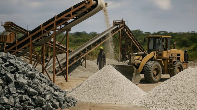 ChatGPT Image 15 de jul. de 2025, 08_32_40 Imagem de uma pedreira na África com equipamentos industriais de mineração, mostrando pilhas de minerais e um trabalhador usando capacete de segurança ao fundo.