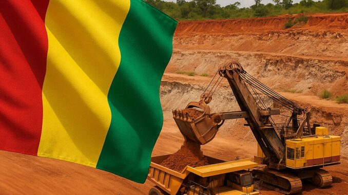 Bandeira da Guiné tremulando em primeiro plano, com uma grande escavadeira carregando bauxita em uma mina de terra vermelha ao fundo.