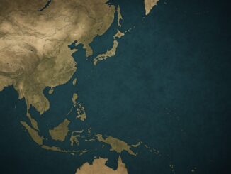 Mapa estilizado da região do Indo-Pacífico, mostrando países da Ásia Oriental, Sudeste Asiático e Oceania com destaque para as fronteiras territoriais em tons dourados sobre um fundo azul escuro.