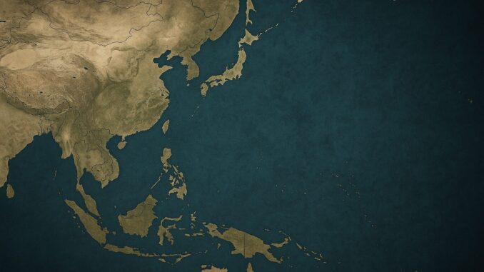 Mapa estilizado da região do Indo-Pacífico, mostrando países da Ásia Oriental, Sudeste Asiático e Oceania com destaque para as fronteiras territoriais em tons dourados sobre um fundo azul escuro.