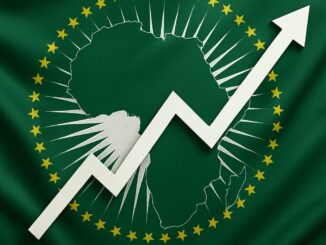 Gráfico em formato de seta crescente sobre o mapa da África, cercado por estrelas douradas, simbolizando o crescimento econômico do continente africano.