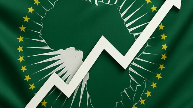 Gráfico em formato de seta crescente sobre o mapa da África, cercado por estrelas douradas, simbolizando o crescimento econômico do continente africano.