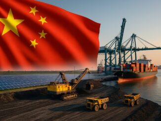 Navios de carga navegando sob a bandeira da China, simbolizando os investimentos e o comércio da iniciativa Cinturão e Rota em 2025.