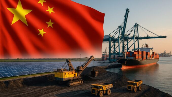Cinturão e Rota da China: Investimentos Recordes em 2025 Navios de carga navegando sob a bandeira da China, simbolizando os investimentos e o comércio da iniciativa Cinturão e Rota em 2025.