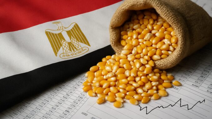 Egito cria Bolsa Nacional de Commodities sob controle militar: entre segurança alimentar e expansão do poder econômico-militar Saco de milho derramando grãos sobre gráficos financeiros, ao lado da bandeira do Egito.