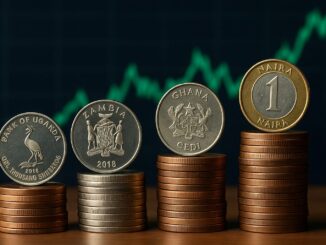 Quatro moedas africanas — Xelim Ugandês, Kwacha Zambiano, Cedi Ganês e Naira Nigeriano — dispostas em pilhas de moedas, simbolizando o crescimento e a valorização econômica, com gráfico de tendência ascendente ao fundo.