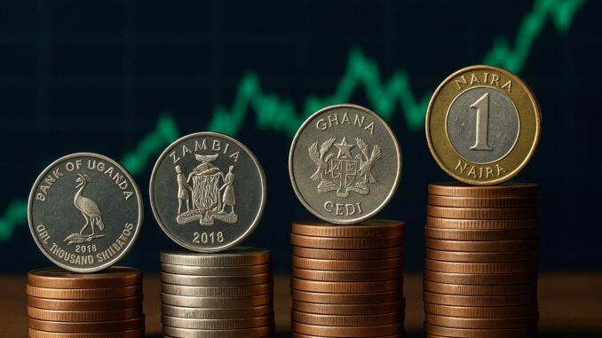 Fortalecimento das Moedas Africanas: Uma Análise do Crescimento do Xelim Ugandês e Kwacha Zambiano Frente à Estabilidade do Naira Nigeriano e do Cedi Ganês Quatro moedas africanas — Xelim Ugandês, Kwacha Zambiano, Cedi Ganês e Naira Nigeriano — dispostas em pilhas de moedas, simbolizando o crescimento e a valorização econômica, com gráfico de tendência ascendente ao fundo.