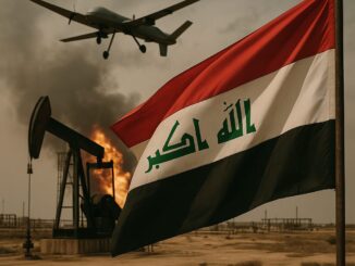 Bandeira do Iraque tremulando com um drone militar sobrevoando, plataforma de extração de petróleo em chamas e fumaça ao fundo, em área desértica.