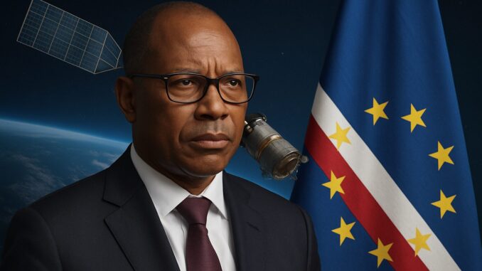 Retrato formal de um homem sério usando óculos e terno escuro, com a bandeira de Cabo Verde ao fundo e elementos de satélite e espaço.