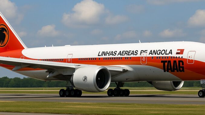 TAAG Amplia Conexões na África Oriental: Impactos Geopolíticos e Econômicos do Novo Voo Direto Luanda-Nairóbi Aeronave da TAAG Linhas Aéreas de Angola taxiando na pista sob céu azul com algumas nuvens.
