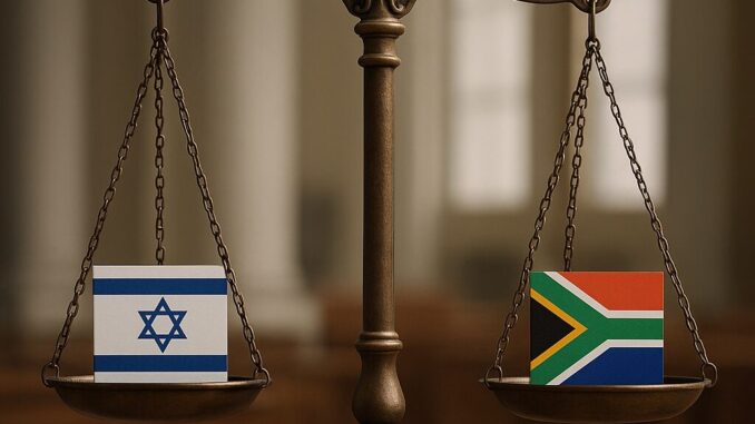 Proposta de Sanções dos EUA contra a África do Sul: Análise das Consequências do Processo na Corte Internacional de Justiça contra Israel Balança de justiça equilibrando as bandeiras de Israel e da África do Sul, simbolizando o confronto legal e as implicações políticas entre os dois países.