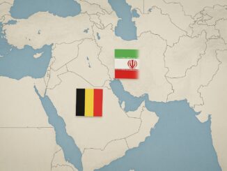 Mapa do Oriente Médio destacando os países Irã e Arábia Saudita, com as bandeiras do Irã e da Bélgica sobrepostas às respectivas regiões.