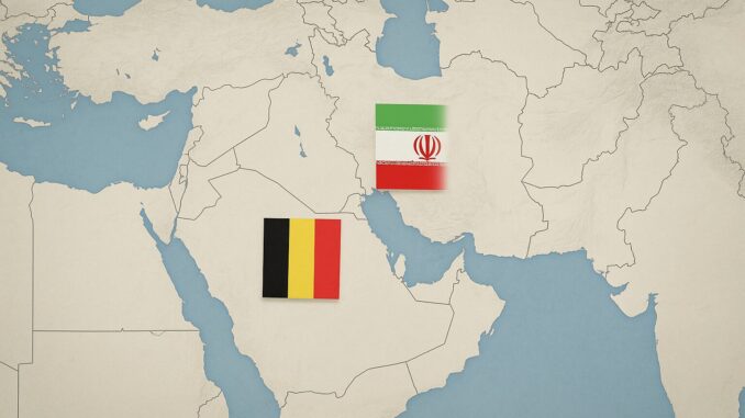 Irã e Bélgica Intensificam Diálogo Diplomático para Promover Estabilidade no Oriente Médio Mapa do Oriente Médio destacando os países Irã e Arábia Saudita, com as bandeiras do Irã e da Bélgica sobrepostas às respectivas regiões.
