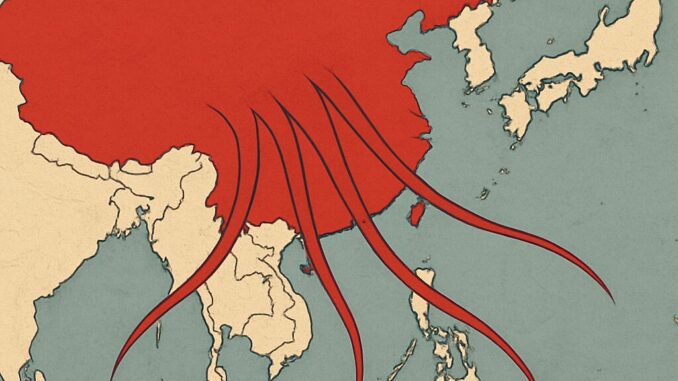 A Nova Rota da Influência – A China e seu Impacto Geopolítico no Sudeste Asiático Mapa estilizado da Ásia destacando a China em vermelho com linhas vermelhas que se estendem para o Sudeste Asiático, simbolizando a expansão da influência chinesa.